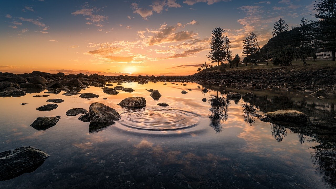 lake, sunset, rocks